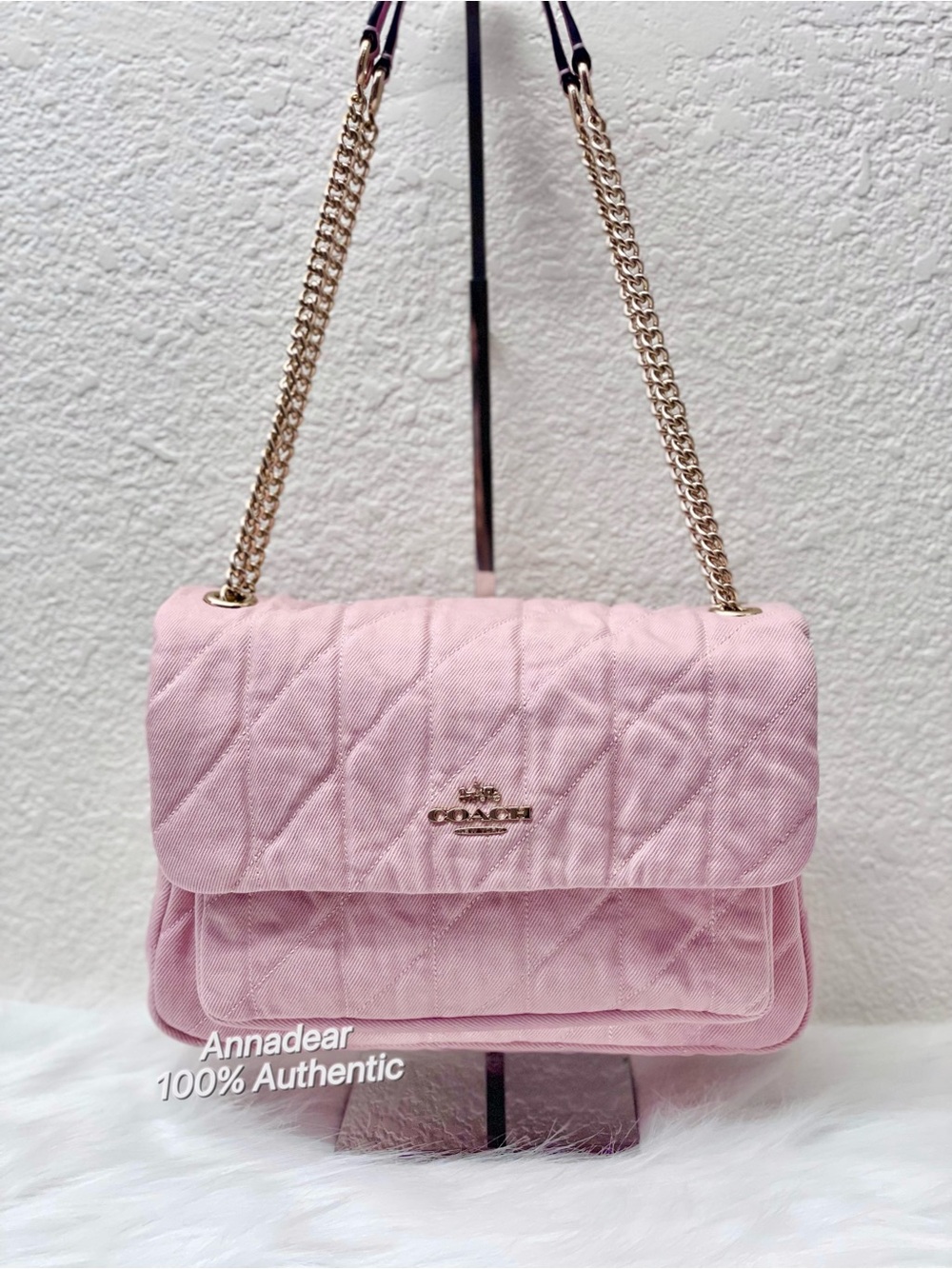 Coach Large Elodie Crossbody Bag Pink Denim With Quilting CER78 Gold/Light Pink